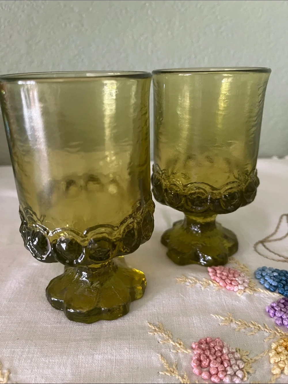 Pair of vintage Tiffin Franciscan Madeira water goblets, Citron Olive, UV glow